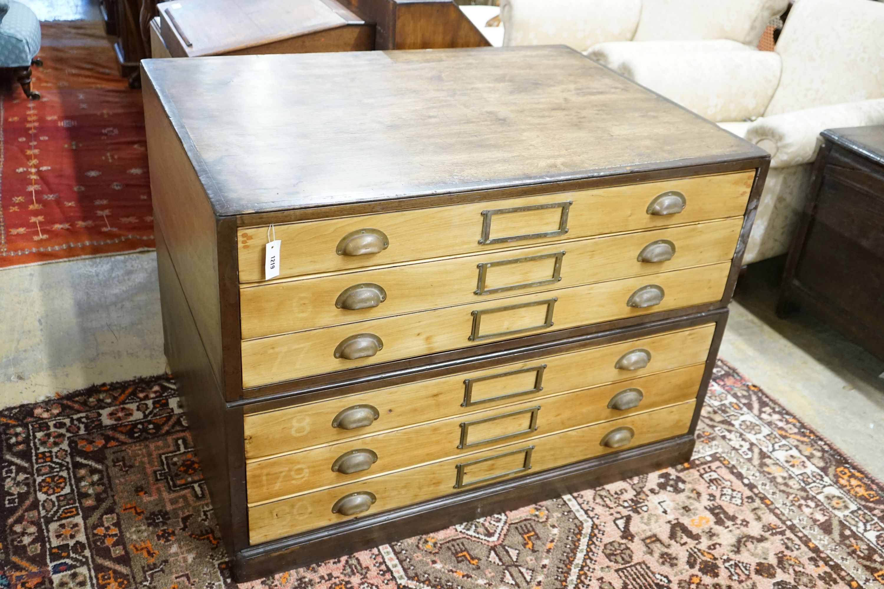 An early 20th century oak and beech six drawer plan chest, width 120cm, depth 89cm, height 86cm